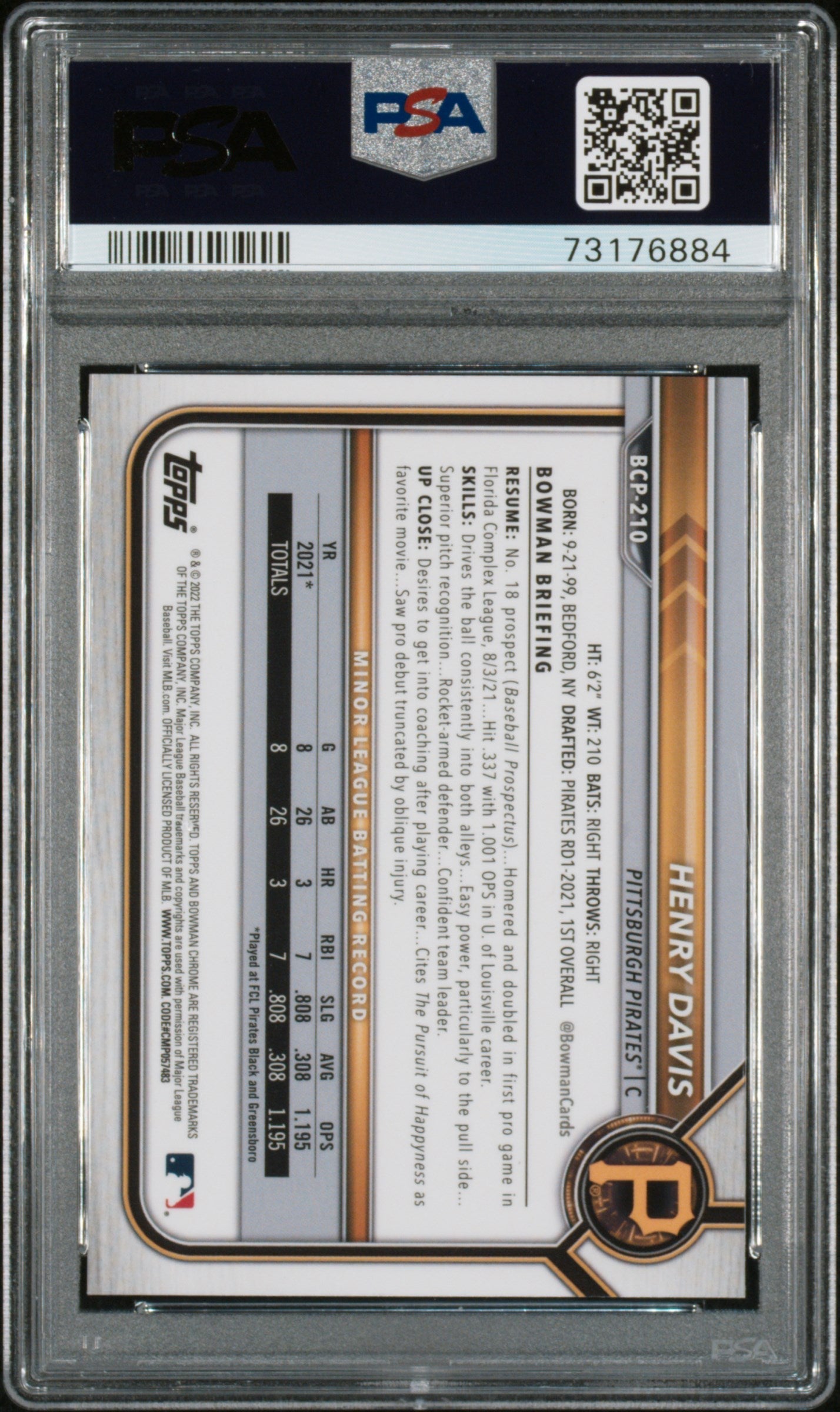 Graded 2022 Topps Bowman Chrome S/E Henry Davis #BCP210 Prospects Rookie RC Baseball Card PSA 10 Gem Mint