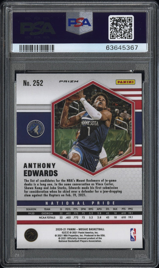 Graded 2020 Panini Mosaic Anthony Edwards #252 Reactive Blue Rookie RC Basketball Card PSA 10 Gem Mint