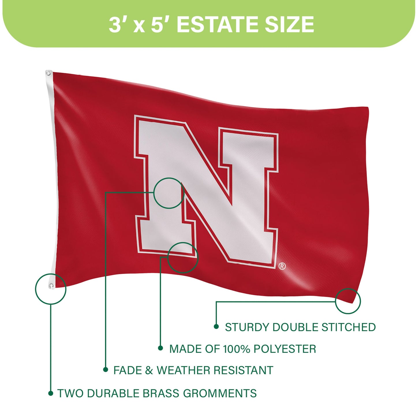 University of Nebraska Single Sided Estate Flag with 2 Grommets, 3'x5'