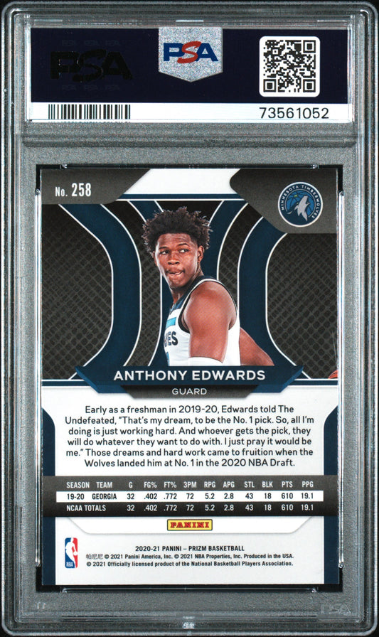 Graded 2020-21 Panini Prizm Anthony Edwards #258 Rookie RC Basketball Card PSA 9 Mint
