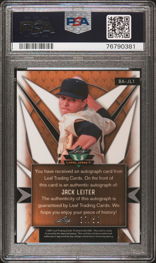 Graded 2021 Leaf Valiant Jack Leiter #BAJL1 Autograph Purple #/50 Rookie RC Baseball Card PSA 10 Gem Mint