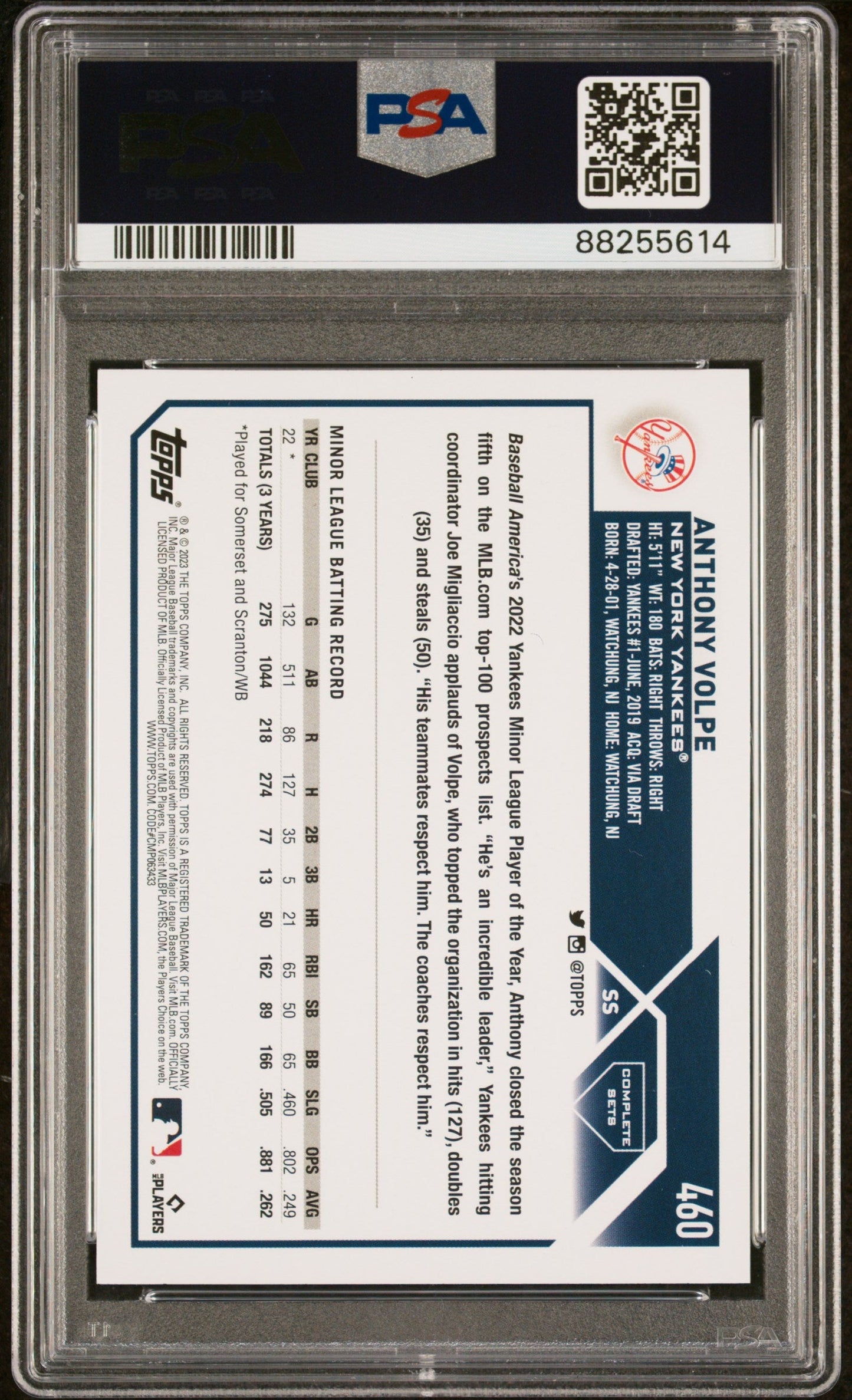 Graded 2023 Topps Complete Set Anthony Volpe #460 SP Rookie RC Baseball Card PSA 10 Gem Mint