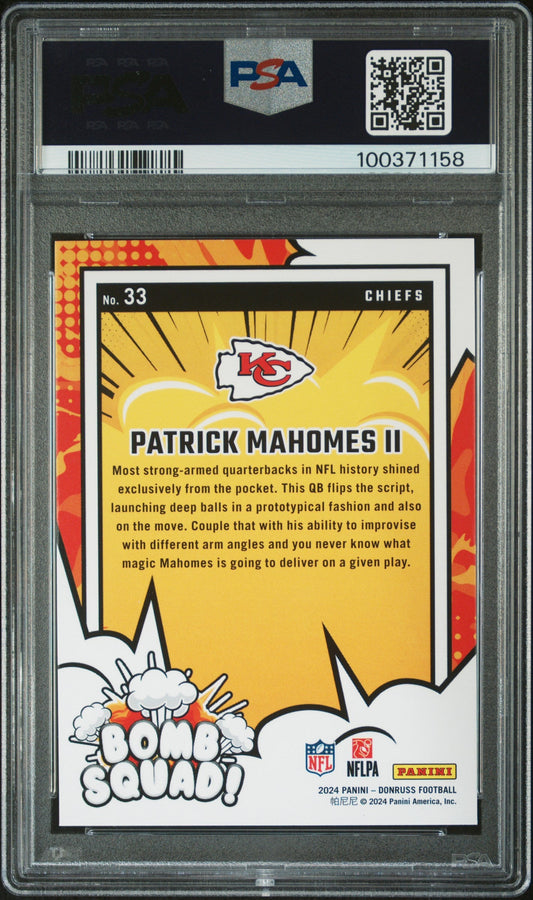 Graded 2024 Panini Donruss Patrick Mahomes II #33 Bomb Squad Football Card PSA 10 Gem Mint