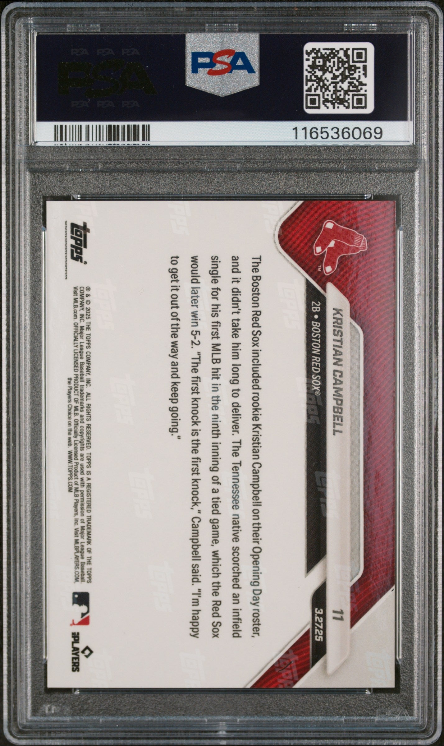 Graded 2025 Topps Now Kristian Campbell #11 Black Foil /10 Rookie RC Baseball Card PSA 10 Gem Mint