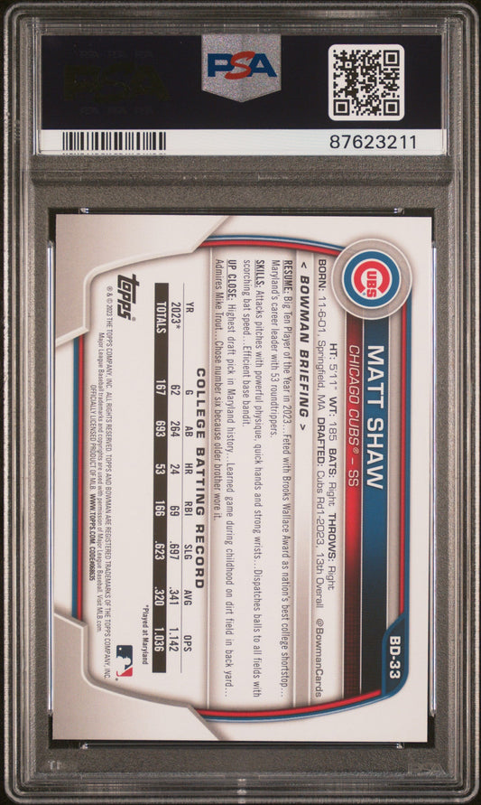 Graded 2023 Topps Bowman Draft Matt Shaw #BD33 Rookie RC Baseball Card PSA 10 Gem Mint