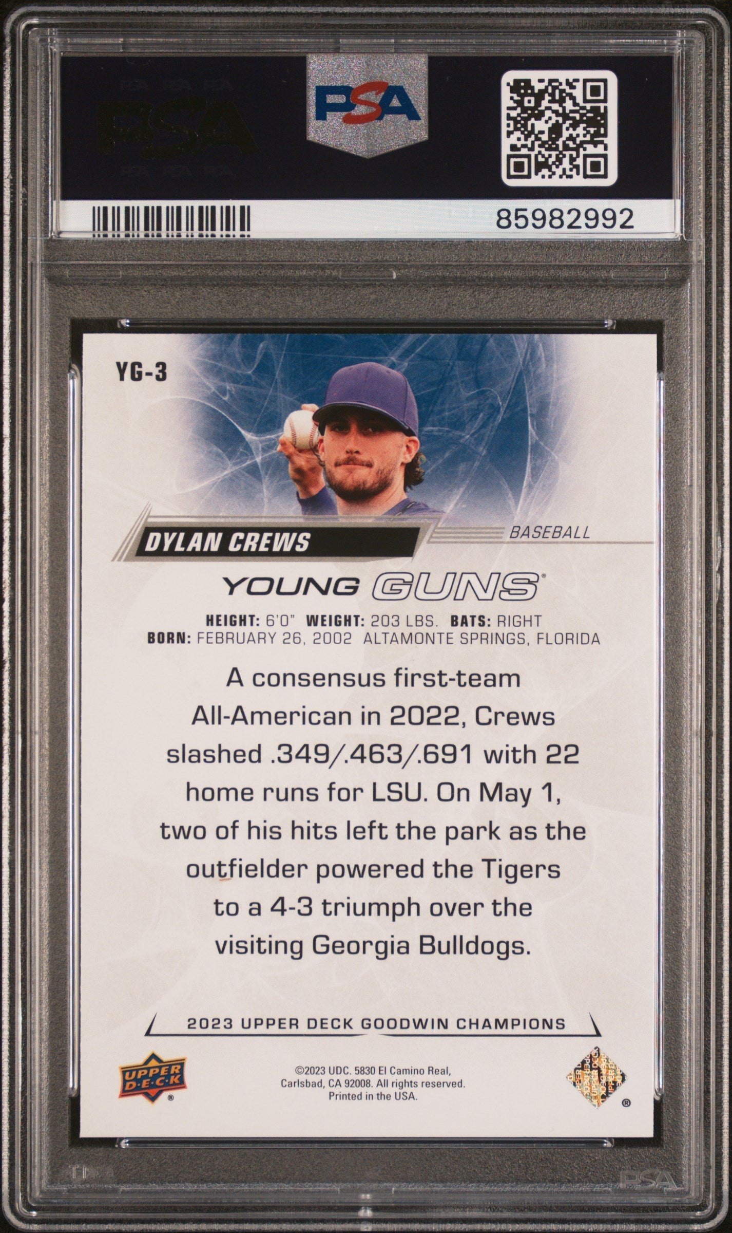 Graded 2023 Upper Deck Goodwin Champions Dylan Crews #YG3 Young Guns Rookie RC Baseball Card PSA 10 Gem Mint