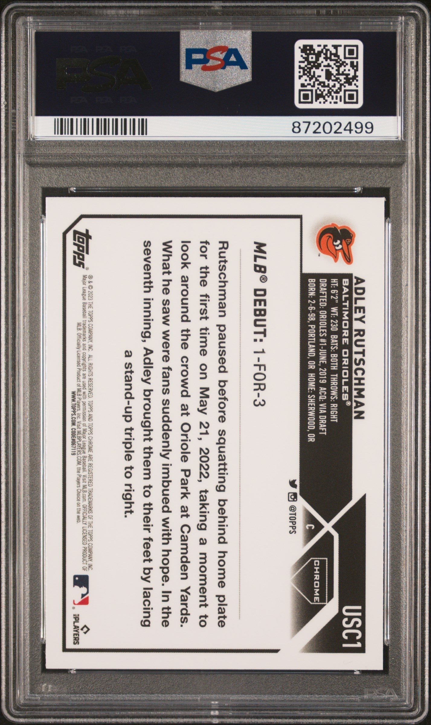 Graded 2023 Topps Chrome Update Adley Rutschman #USC1 Prism Rookie RC Baseball Card PSA 10 Gem Mint