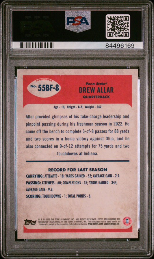 Graded 2023 Topps Bowman U Chrome Drew Allar #55BF8 1955 Bowman Rookie RC Football Card PSA 10 Gem Mint