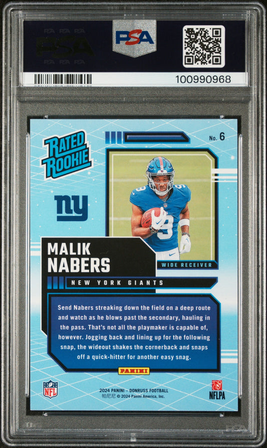 Graded 2024 Panini Donruss Malik Nabers #6 Rated Rookies Retro Rookie RC Football Card PSA 10 Gem Mint