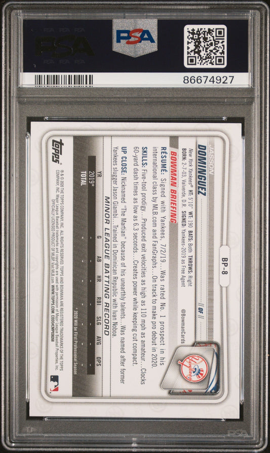 Graded 2020 Bowman Paper Prospects Jasson Dominguez #BP8 Rookie RC Baseball Card PSA 8 Near Mint