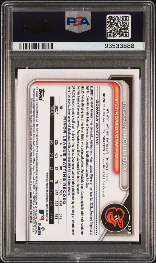 Graded 2024 Topps Bowman Jackson Holliday #BCP47 Chrome Prospects Rookie RC Baseball Card PSA 10 Gem Mint