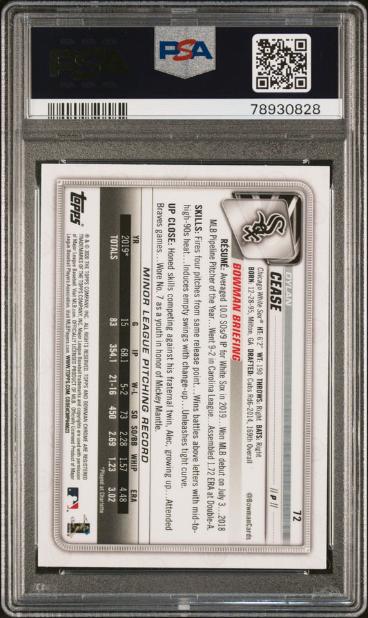 Graded 2020 Topps Bowman Chrome Dylan Cease #72 Rookie RC Baseball Card PSA 10 Gem Mint