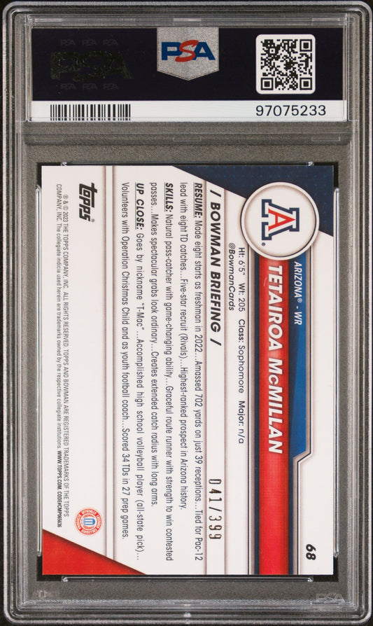 Graded 2023 Topps Bowman U Chrome Tetairoa McMillan #68 Purple Mini Diamond Refractor #/399 Rookie RC Football Card PSA 10 Gem Mint