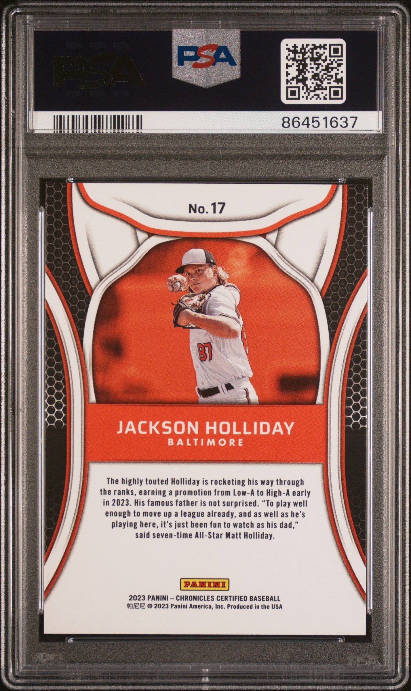 Graded 2023 Panini Chronicles Jackson Holliday #17 Certified Rookie RC Baseball Card PSA 10 Gem Mint
