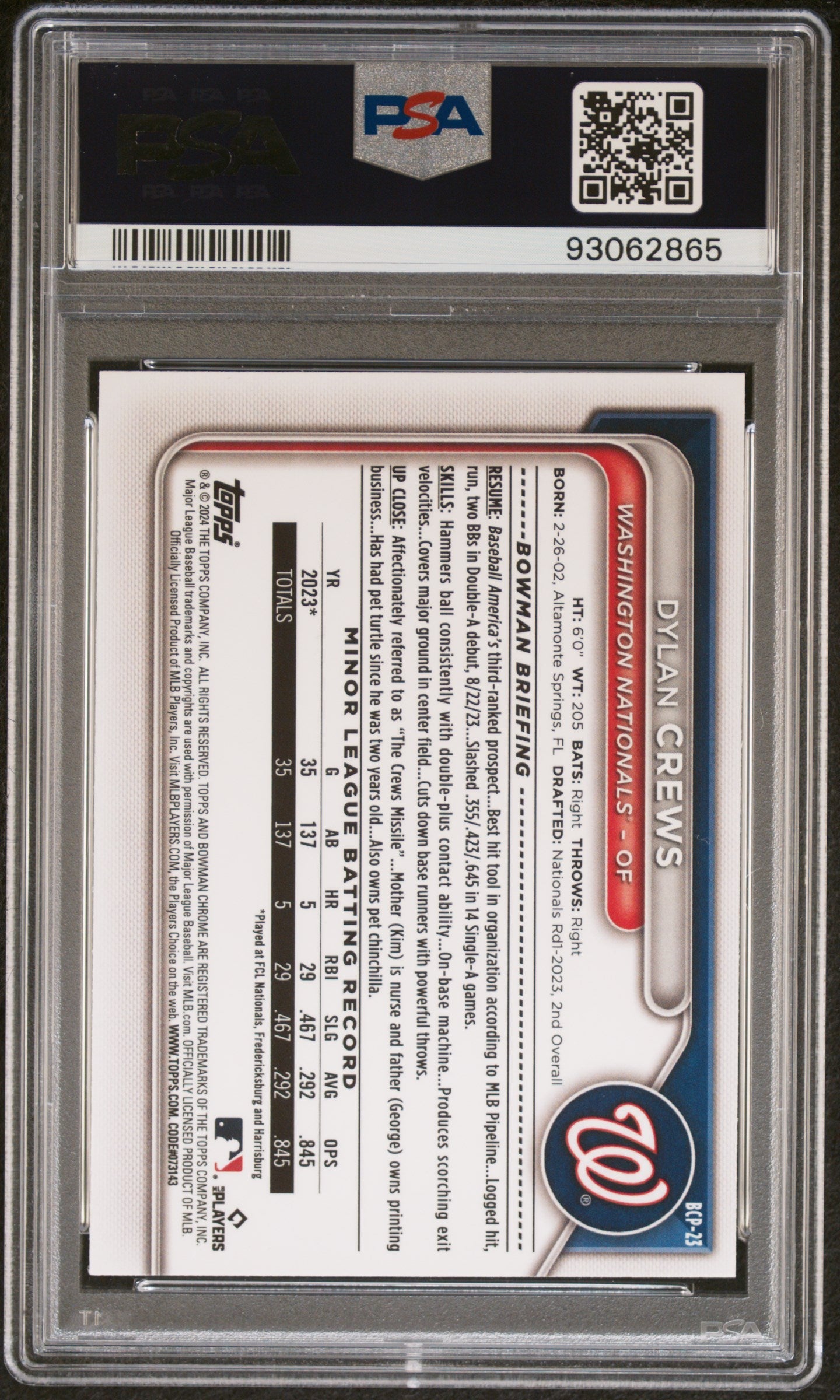 Graded 2024 Topps Bowman Dylan Crews #BCP23 Chrome Prospects Lunar Glow Rookie RC Baseball Card PSA 10 Gem Mint