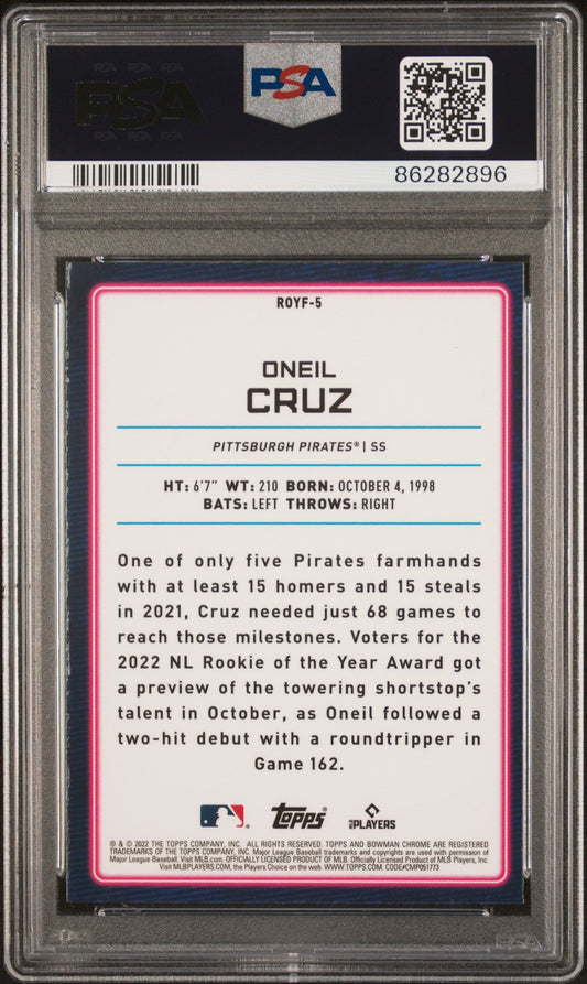 Graded 2022 Topps Bowman Oneil Cruz #ROYF5 Chrome ROY Favorites Rookie RC Baseball Card PSA 10 Gem Mint