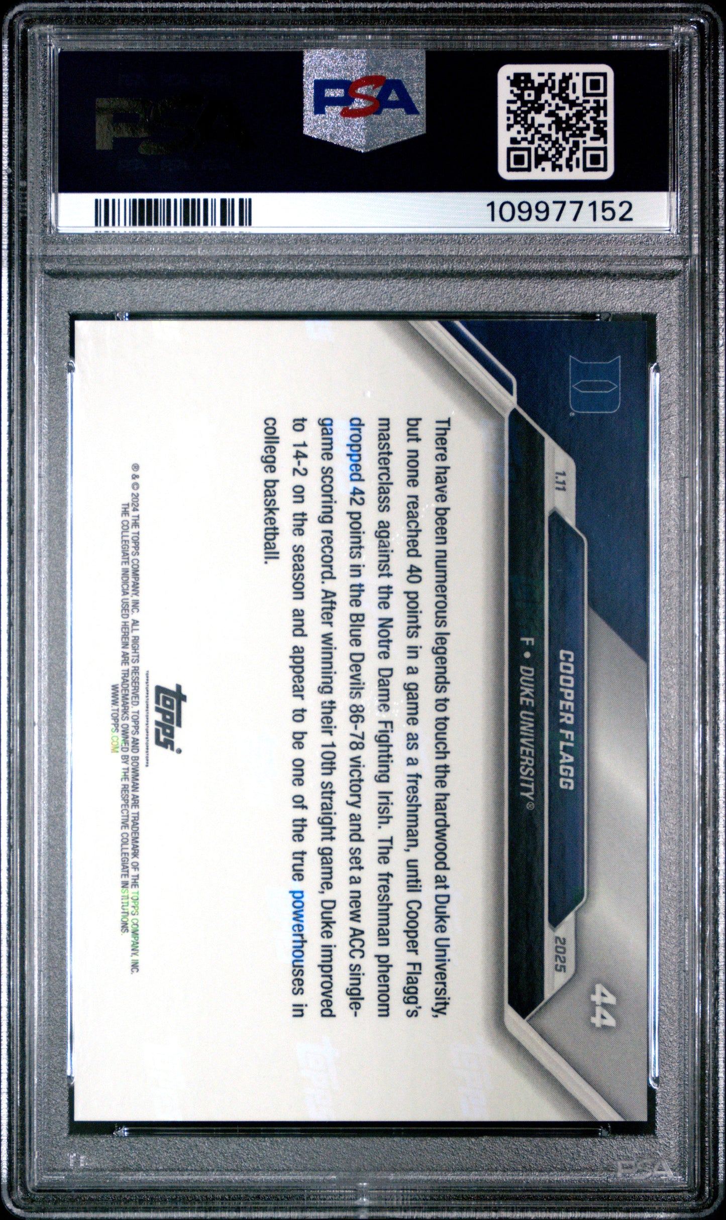 Graded 2024 Topps Bowman U Now Cooper Flagg #44 Rookie RC Basketball Card PSA 10 Gem Mint