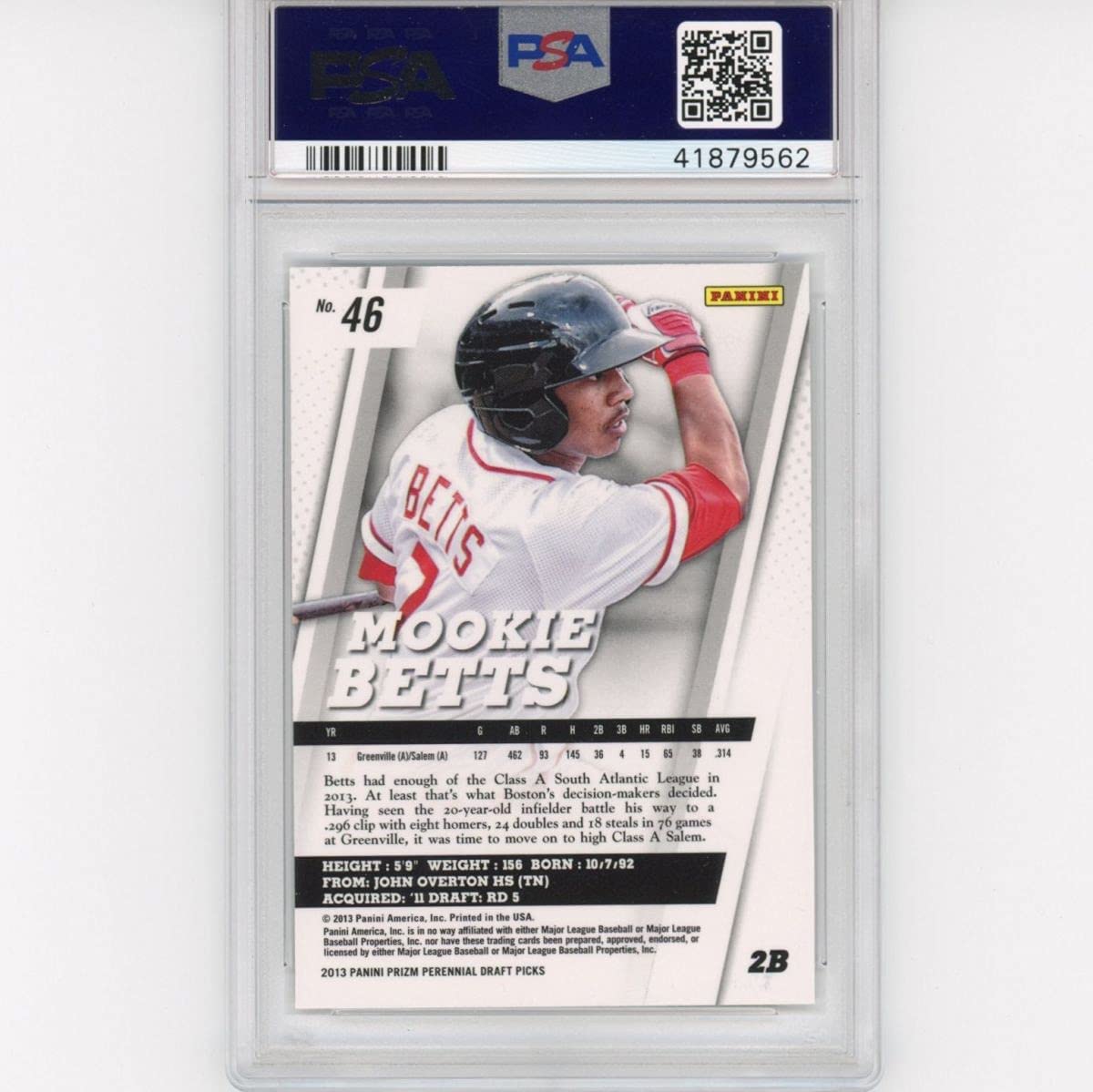 Graded 2013 Panini Prizm Mookie Betts #46 Perennial Draft Picks Rookie RC Baseball Card PSA 10 Gem Mint