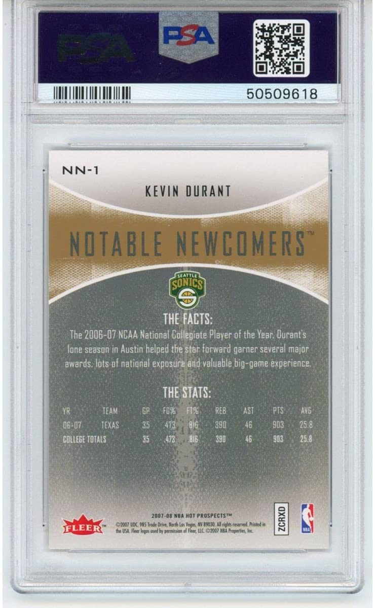 Graded 2007-08 Fleer Hot Prospects Kevin Durant #NN-1 Rookie RC Notable Newcomers Basketball Card PSA 10 Gem Mint