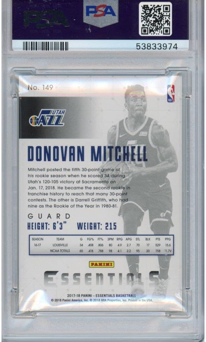 Graded 2017-18 Panini Essentials Donovan Mitchell #149 Rookie RC Basketball Card PSA 10 Gem Mint