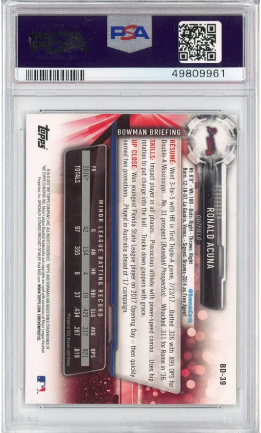 Graded 2017 Bowman Draft Ronald Acuna Jr. #BD39 Rookie RC Baseball Card PSA 10 Gem Mint