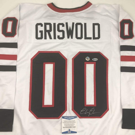 Autographed/Signed Chevy Chase Clark Griswold Christmas Vacation Movie Chicago White Hockey Jersey Beckett BAS COA