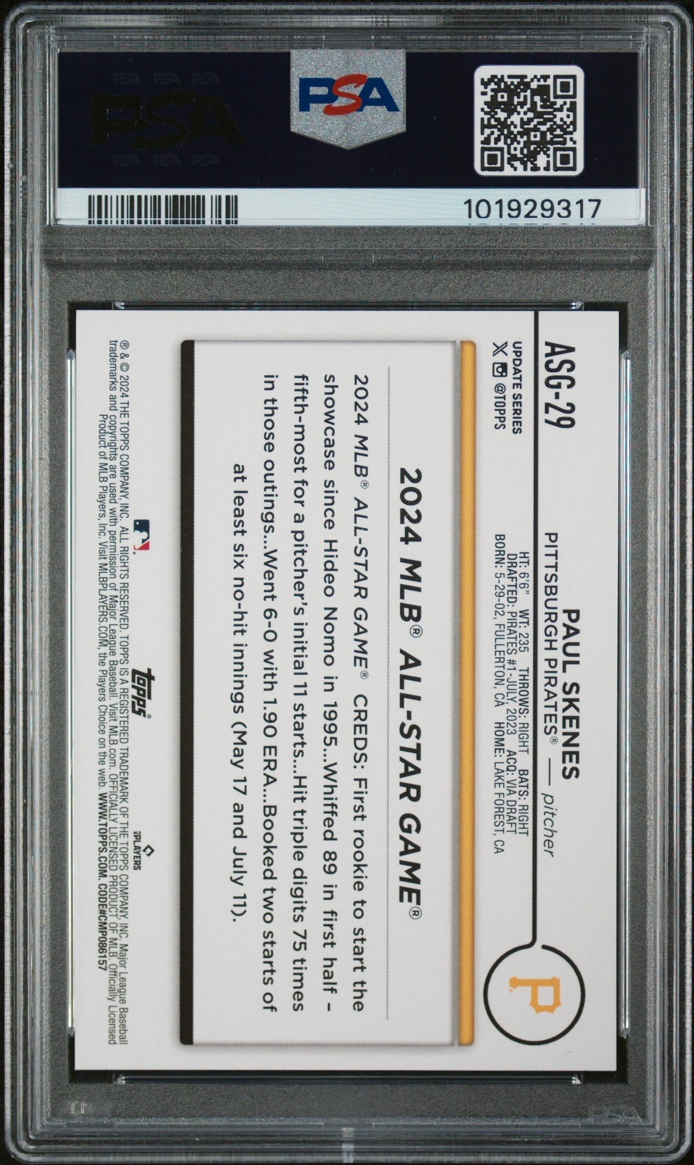 Graded 2024 Topps Update Paul Skenes #ASG29 All Star Game Rookie RC Baseball Card PSA 10 Gem Mint