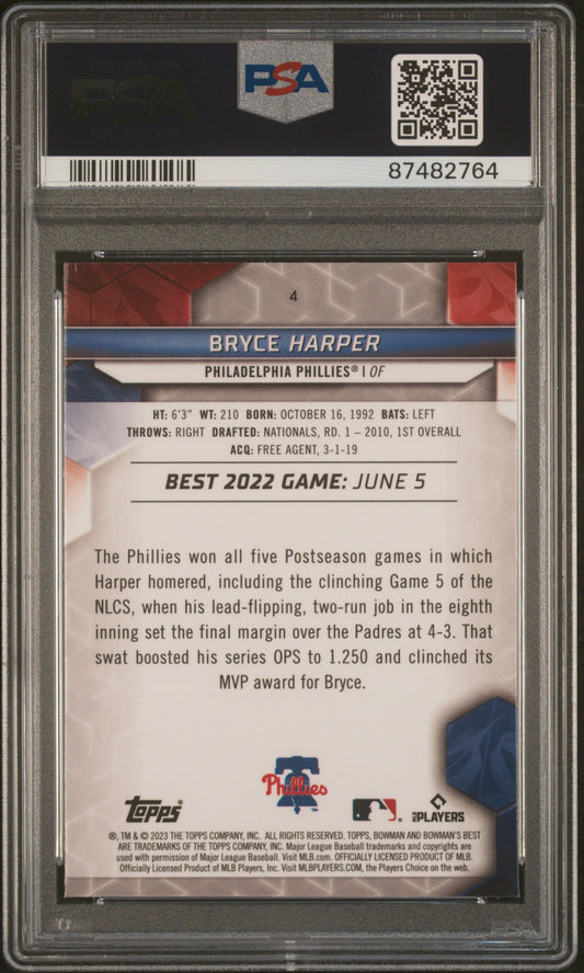 Graded 2023 Topps Bowmans Best Bryce Harper #4 Baseball Card PSA 10 Gem Mint