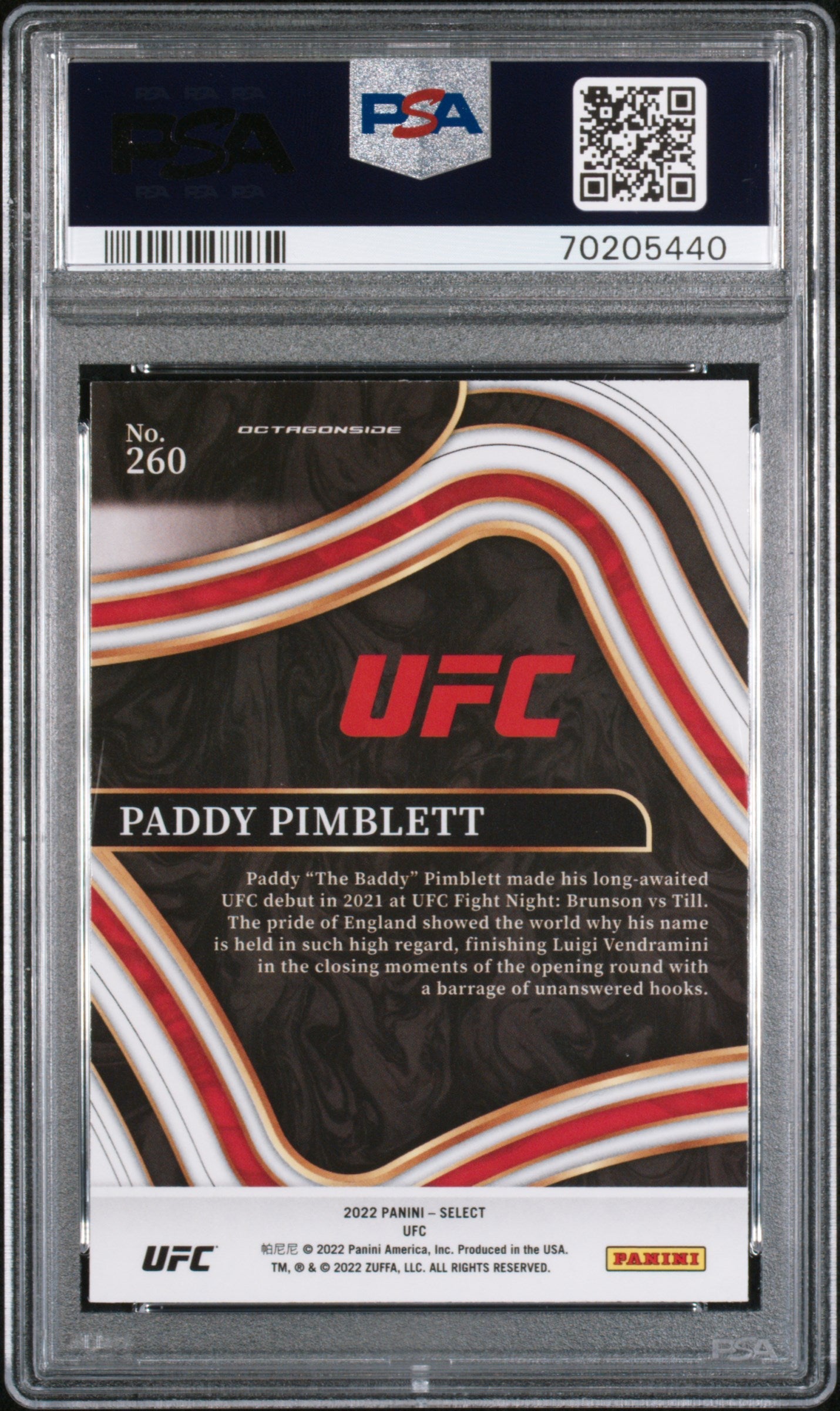 Graded 2022 Panini Select UFC Paddy Pimblett #260 Rookie RC UFC MMA Card PSA 10 Gem Mint
