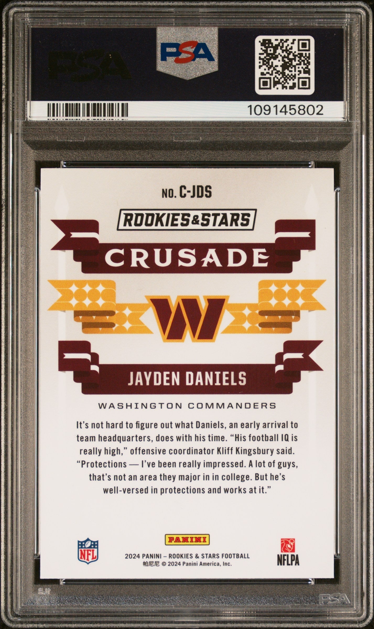 Graded 2024 Panini Rookies & Stars Jayden Daniels #CJDS Crusade Longevity Rookie RC Football Card PSA 10 Gem Mint