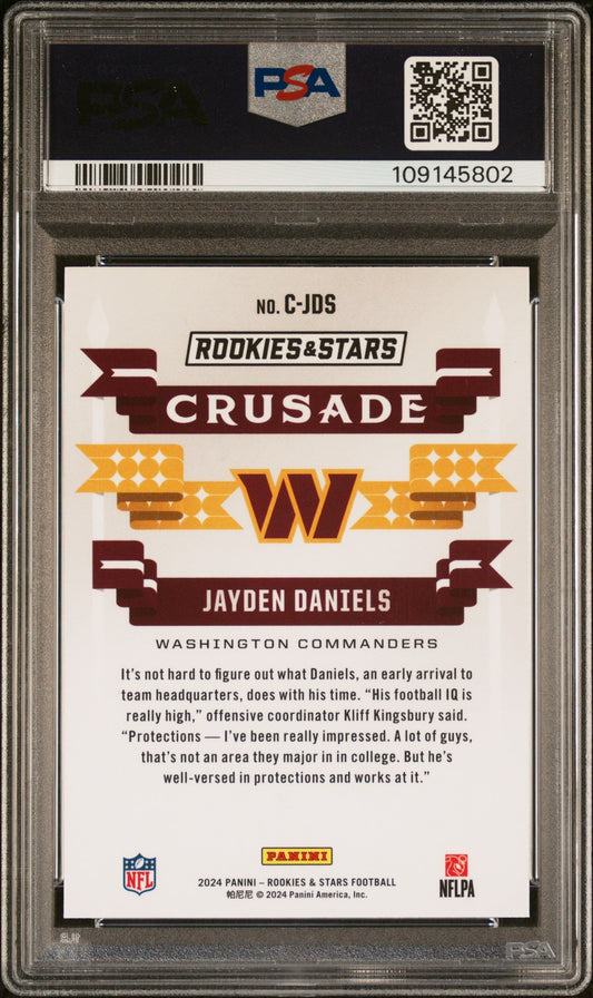 Graded 2024 Panini Rookies & Stars Jayden Daniels #CJDS Crusade Longevity Rookie RC Football Card PSA 10 Gem Mint