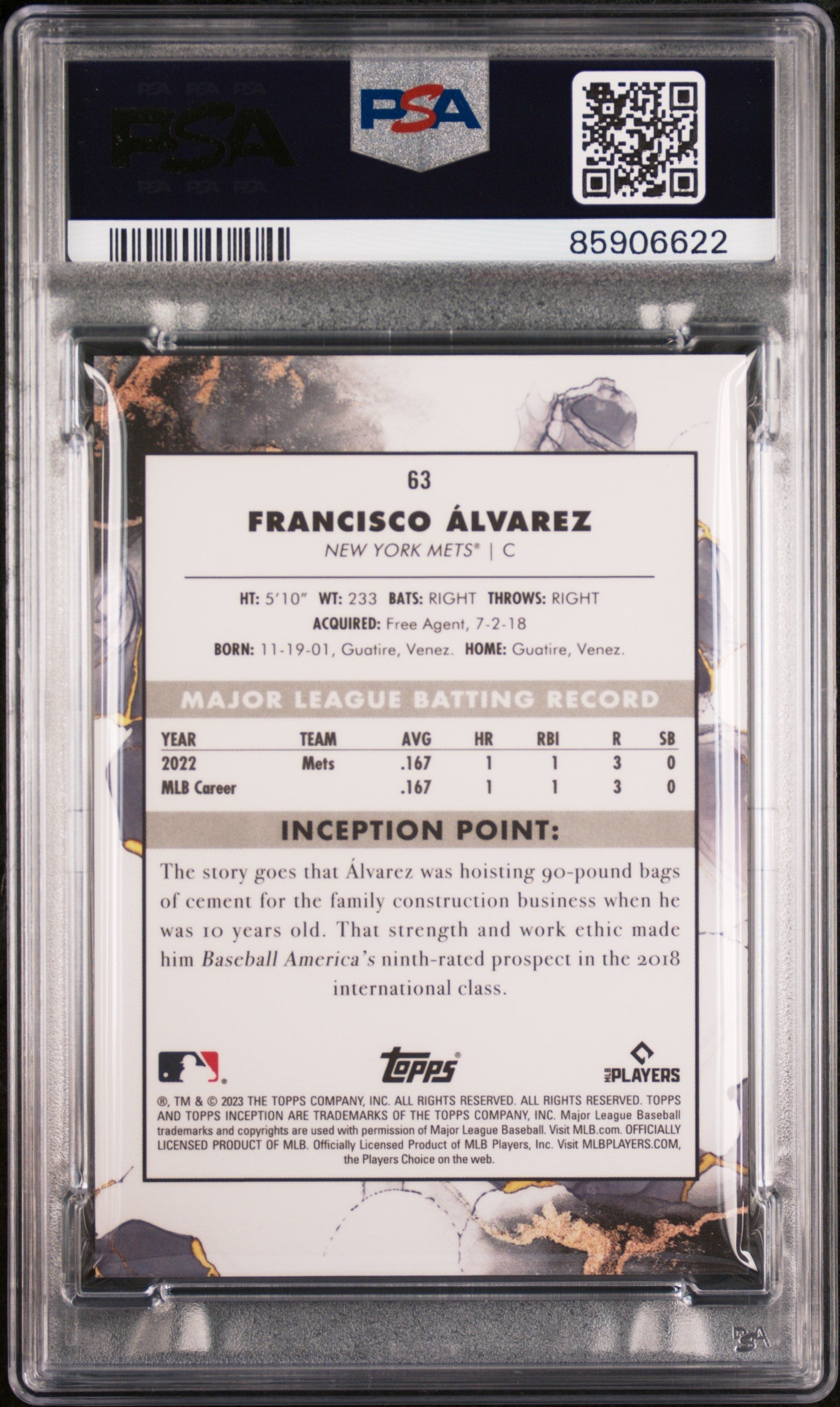 Graded 2023 Topps Inception Francisco Alvarez #63 Rookie RC Baseball Card PSA 10 Gem Mint