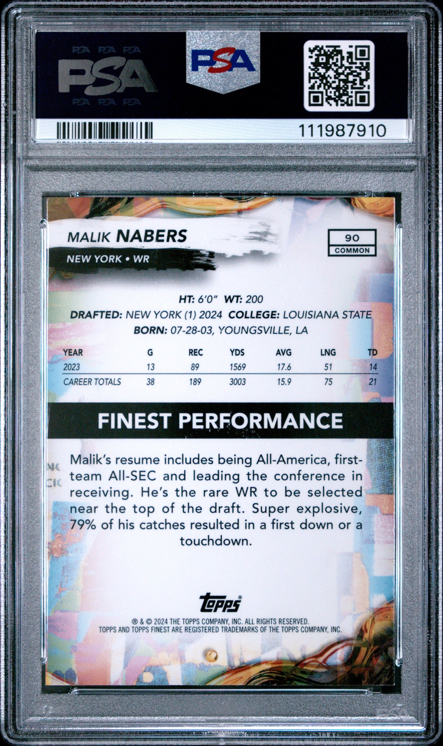 Graded 2024 Topps Finest Malik Nabers #90 Rookie RC Football Card PSA 10 Gem Mint