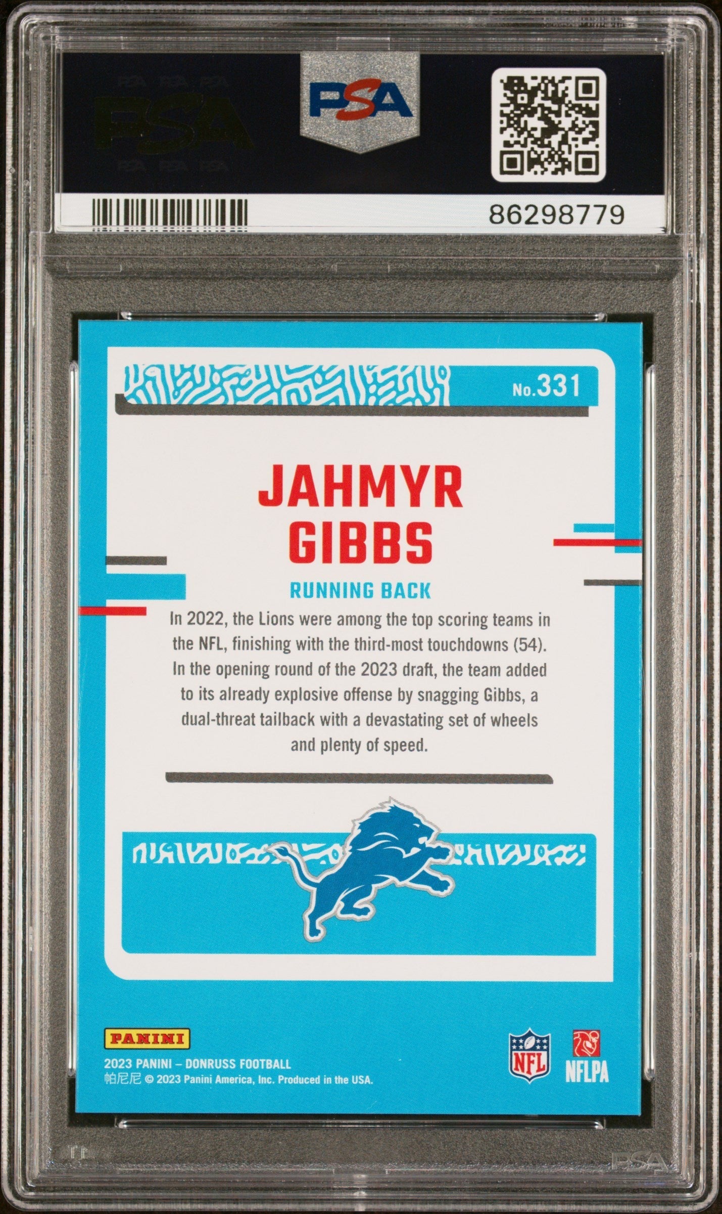 Graded 2023 Panini Donruss Jahmyr Gibbs #331 Rookie RC Football Card PSA 10 Gem Mint