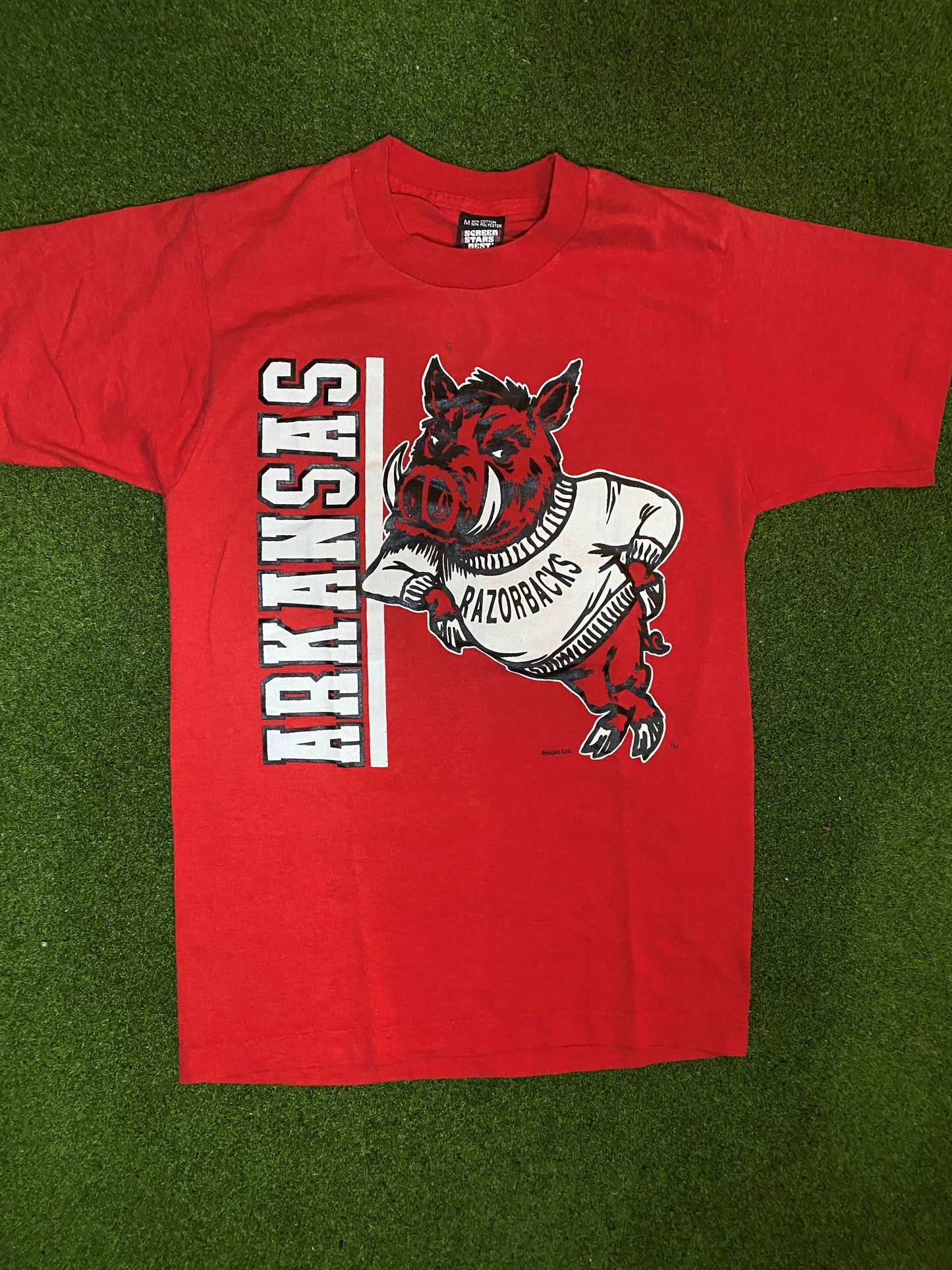 80s Arkansas Razorbacks - Big Logo - Vintage College Tee Shirt (Medium) - Gametime Vintage