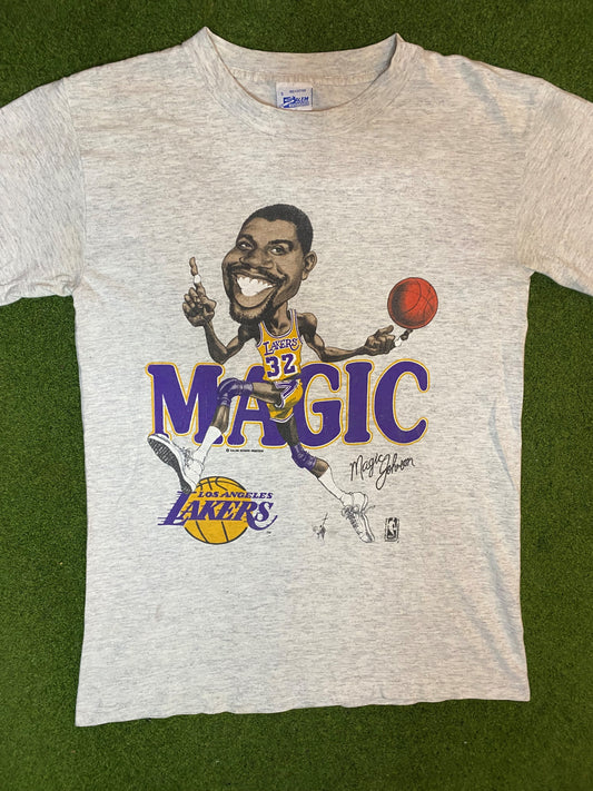 80s Los Angeles Lakers - Magic Johnson Caricature - Vintage NBA Tee (Small)
