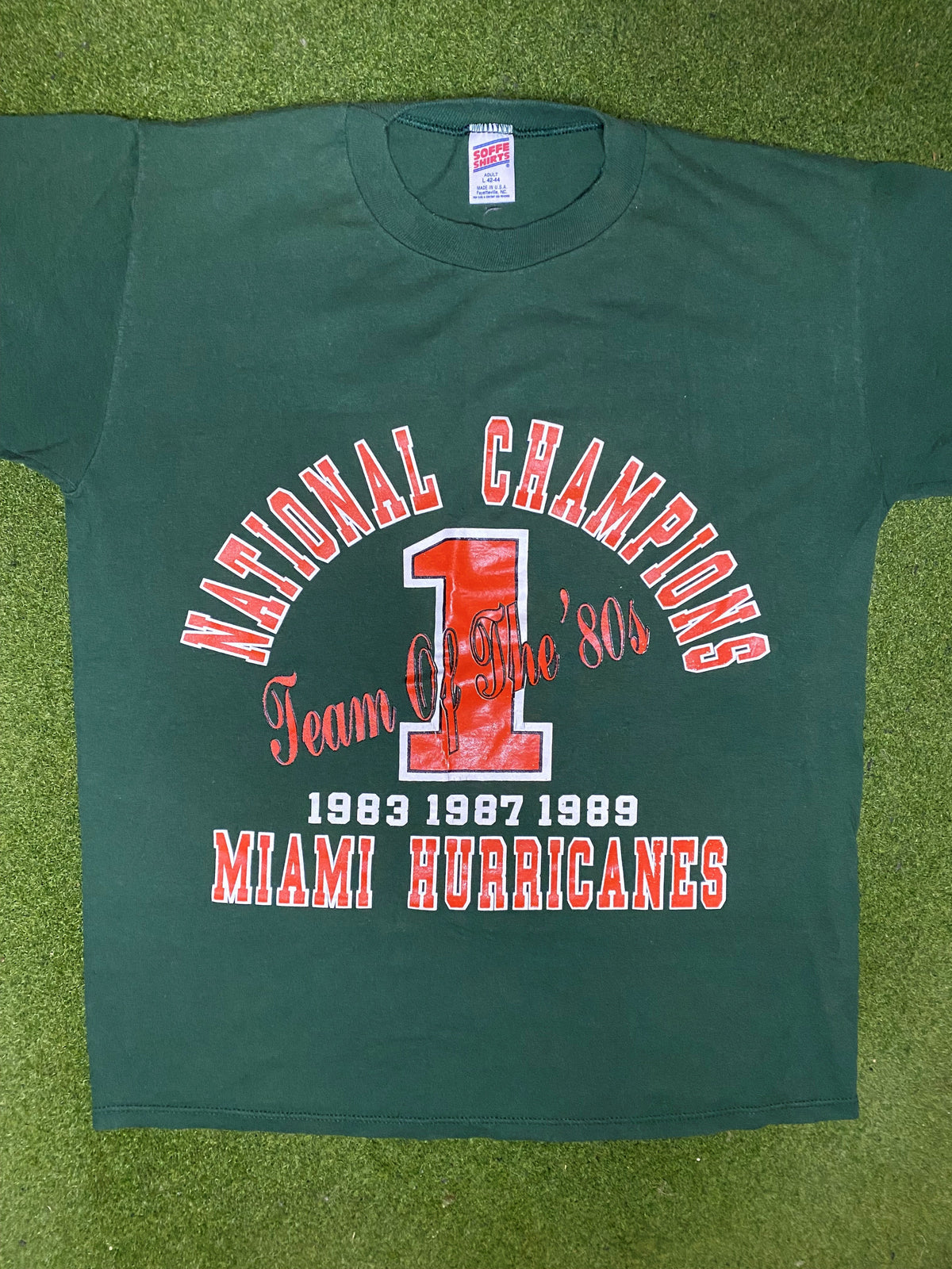 80s Miami Hurricanes - Team of the 80s - 3x National Champions - Vintage College T-Shirt (Large) - Gametime Vintage