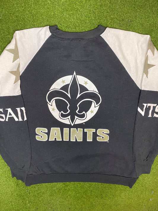 80s New Orleans Saints - All Over Print - Vintage NFL Sweatshirt (Large) - Gametime Vintage