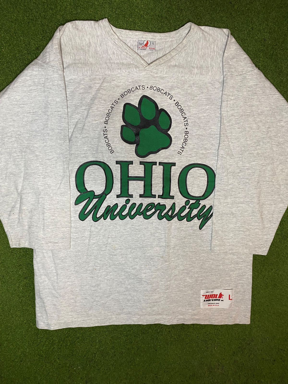 80s Ohio Bobcats - Vintage College 3/4 Sleeve Shirt (Large) - Gametime Vintage