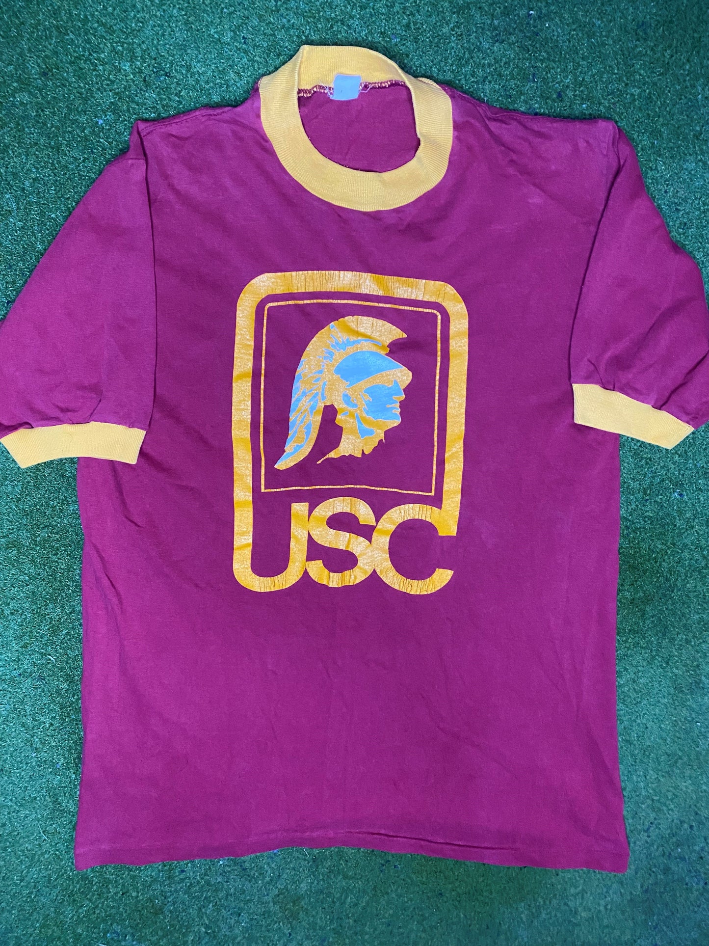 80s USC Trojans - Vintage College Ringer T-Shirt (Medium) - Gametime Vintage