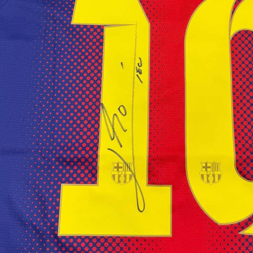 Framed Autographed/Signed Lionel Leo Messi 35x39 FC Barcelona Soccer Jersey Beckett BAS COA