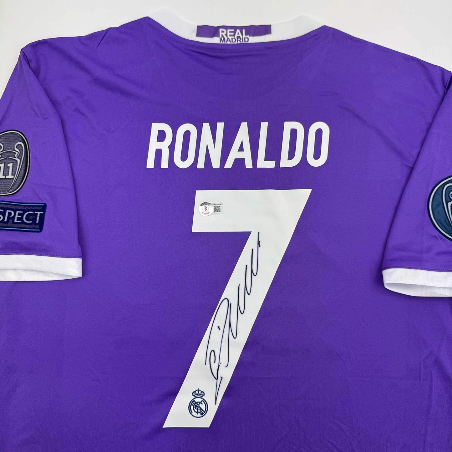Framed Autographed/Signed Cristiano Ronaldo 35x39 Real Madrid Purple Soccer Jersey Beckett BAS COA