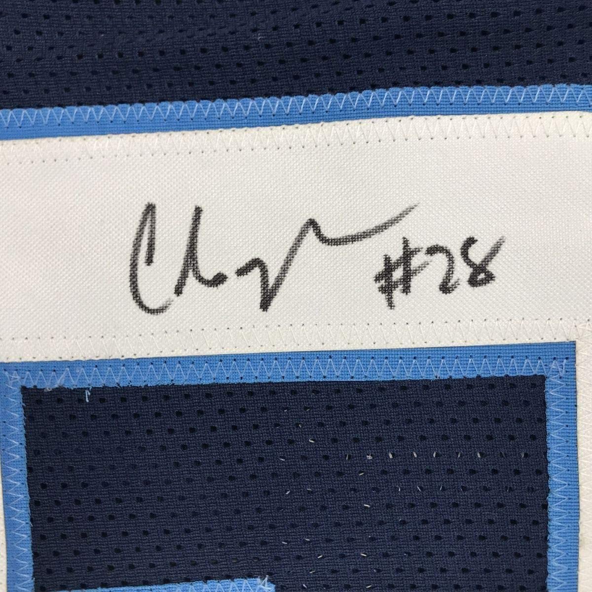 Framed Autographed/Signed Chris Johnson 35x39 Tennessee Dark Blue Football Jersey JSA COA