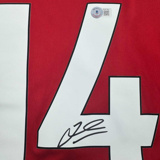 Framed Autographed/Signed Jordan Henderson 35x39 Liverpool Red Soccer Jersey Beckett BAS COA