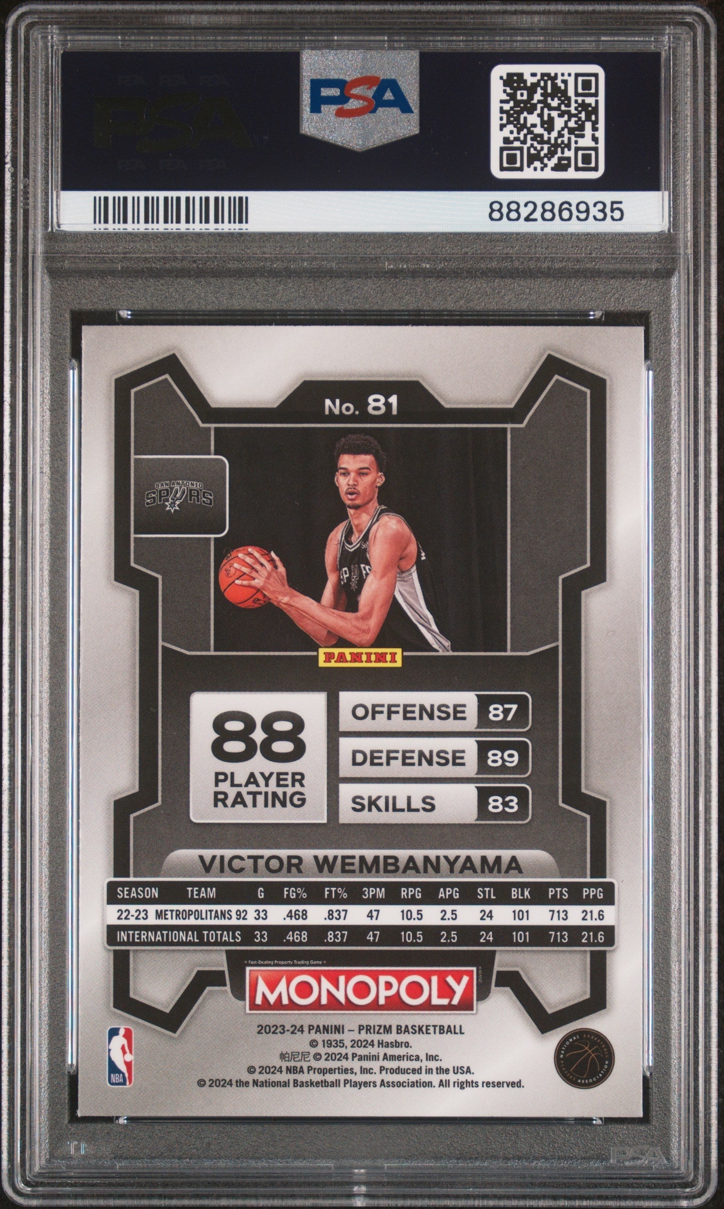 Graded 2023 Panini Prizm Monopoly Victor Wembanyama #81 Rookie RC Basketball Card PSA 10 Gem Mint