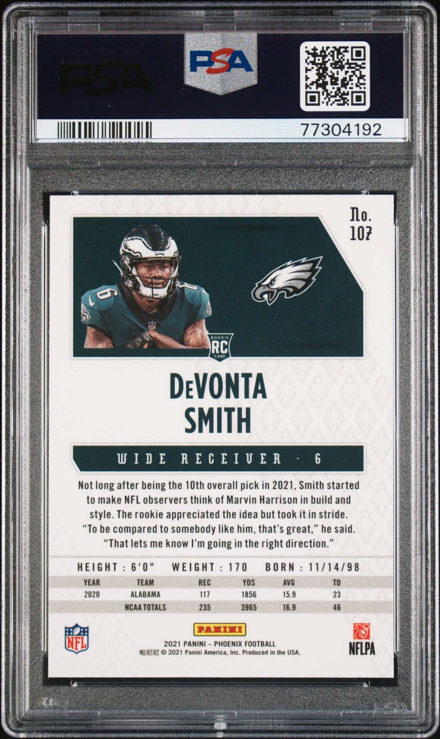 Graded 2021 Panini Phoenix DeVonta Smith #107 Fire Burst Rookie RC Football Card PSA 10 Gem Mint