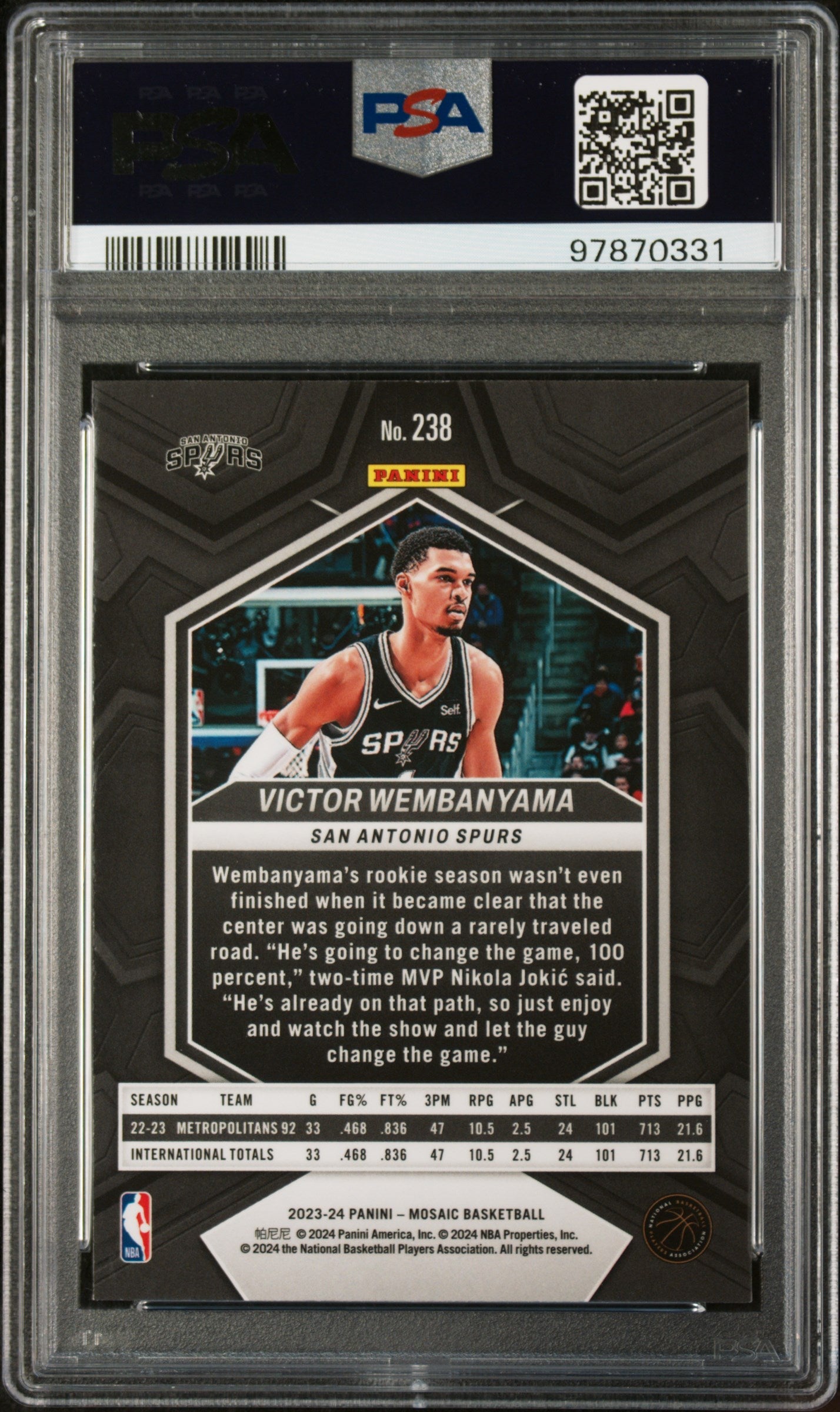 Graded 2023 Panini Mosaic Victor Wembanyama #238 Rookie RC Basketball Card PSA 10 Gem Mint
