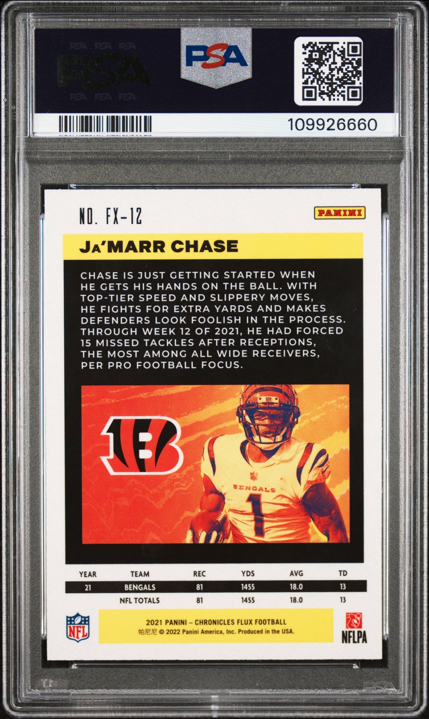 Graded 2021 Panini Chronicles Ja'Marr Chase #FX12 Flux Rookies Rookie RC Football Card PSA 10 Gem Mint