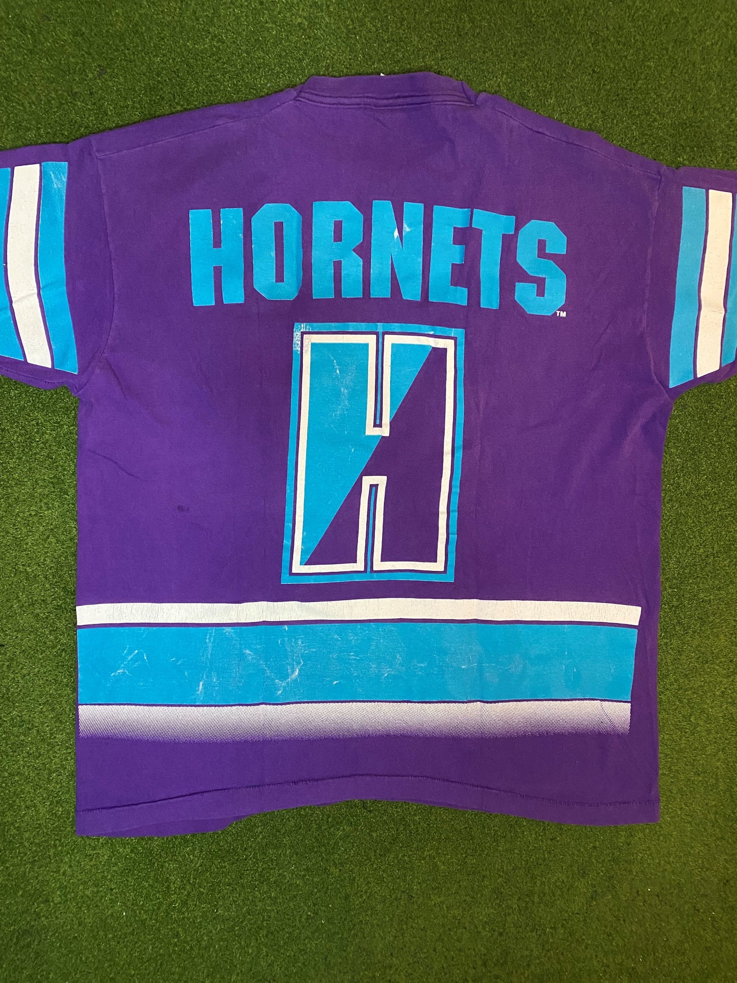 90s Charlotte Hornets - Print All Over - Vintage NBA T-Shirt (XL) - Gametime Vintage