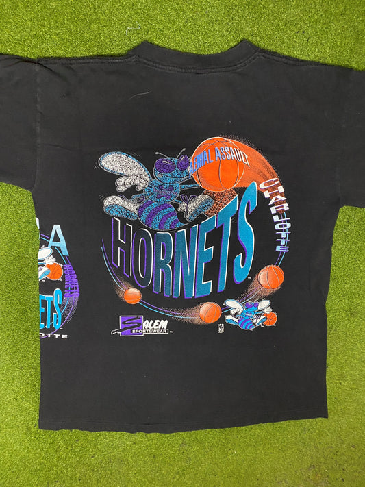 90s Charlotte Hornets - AOP Double Sided - Vintage NBA T-Shirt (Large) - Gametime Vintage